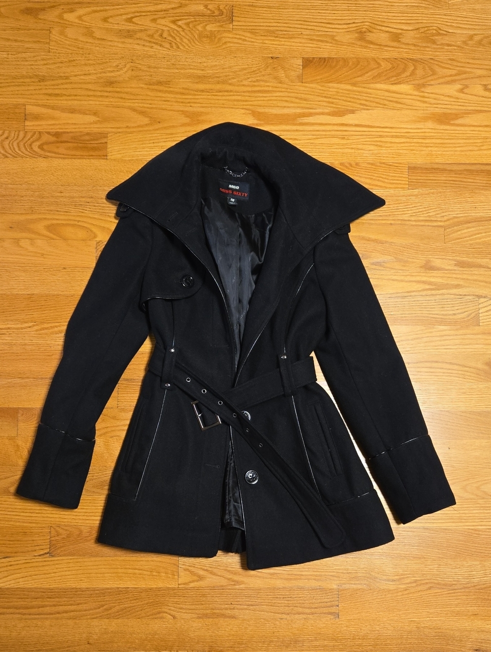 Miss Sixty Black Belted Wool-Blend Trench Coat